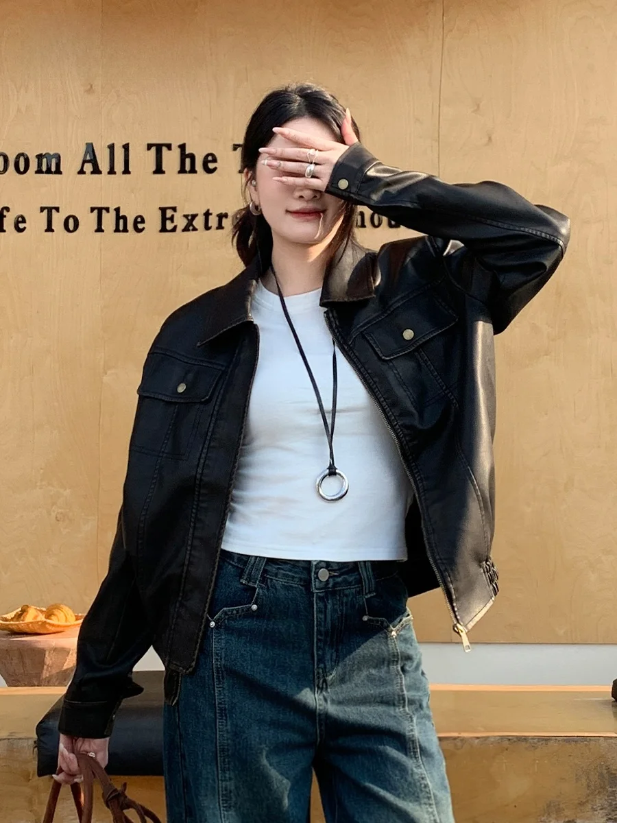 

Bling Home Women's Leather Jaet Biker Sle Turn-down Collar Cool ort Size Small Spring Autumn New Model PU Leather Top