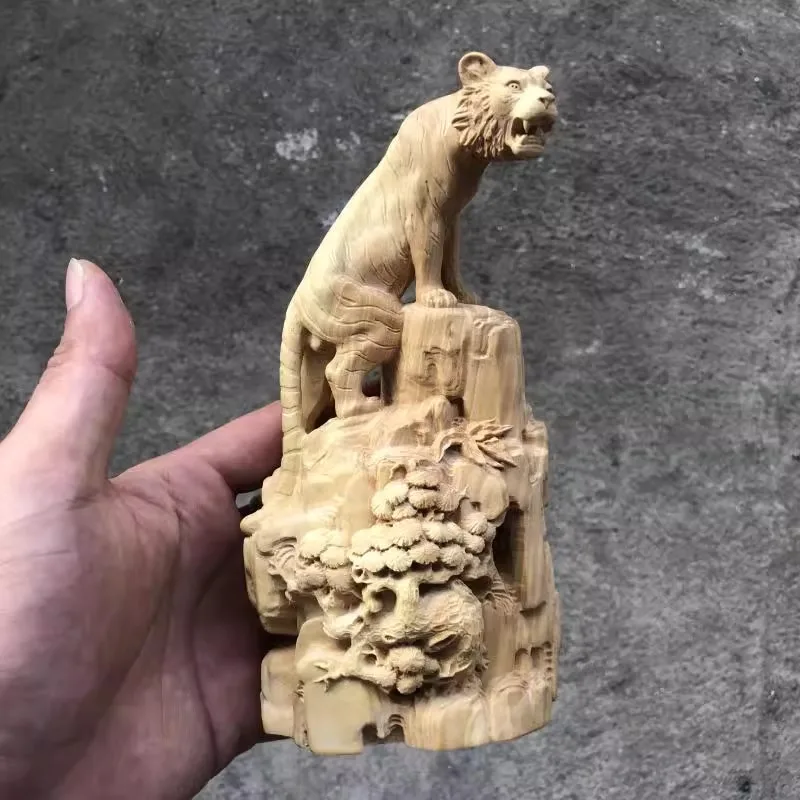 Hand Carved Boxwood Wooden Ascending Tiger Statue Figurine - King Forest Ornament Home Office Desk Decor Gift Collectible Wenwan