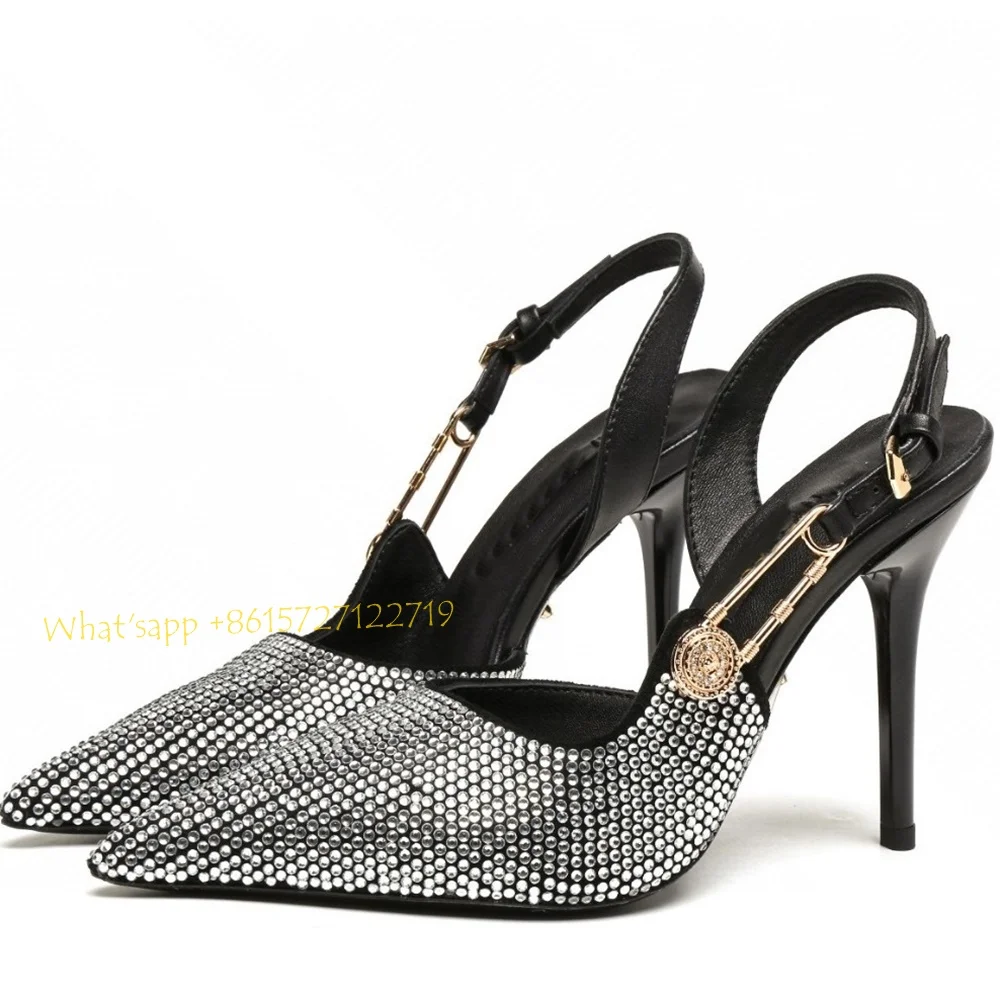 Luksusowy kryształ spiczaste sandały na obcasie Slingback metalowa klamra Bling sandały marki Sexy kobiety letnie modne buty na imprezę