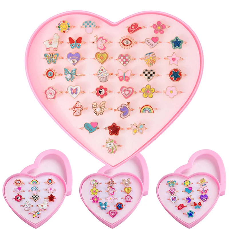 

12/36 шт. детские регулируемые кольца с коробкой, детские подарки на день рождения, ролевые игры, игрушки для макияжа, мультяшные ювелирные изделия, кольцо из сплава TMZ