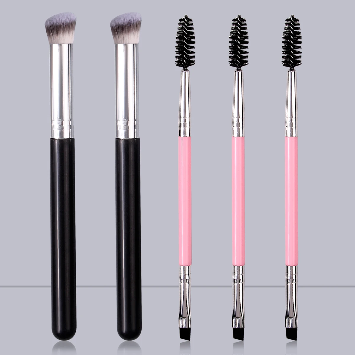 5-delige professionele make-upborstelset: concealerborstel + tweekoppige spiraalvormige mascaraborstel / eyelinerborstel, draagbare schoonheidstools