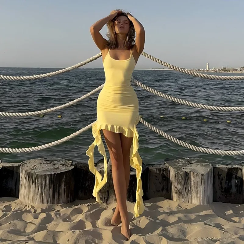 

Yellow Sexy Women Prom Dress Stripe Sleeveless Sheath Slim Short Mini Party Gown Robe Formal Casual Beach Holiday Evening Gown