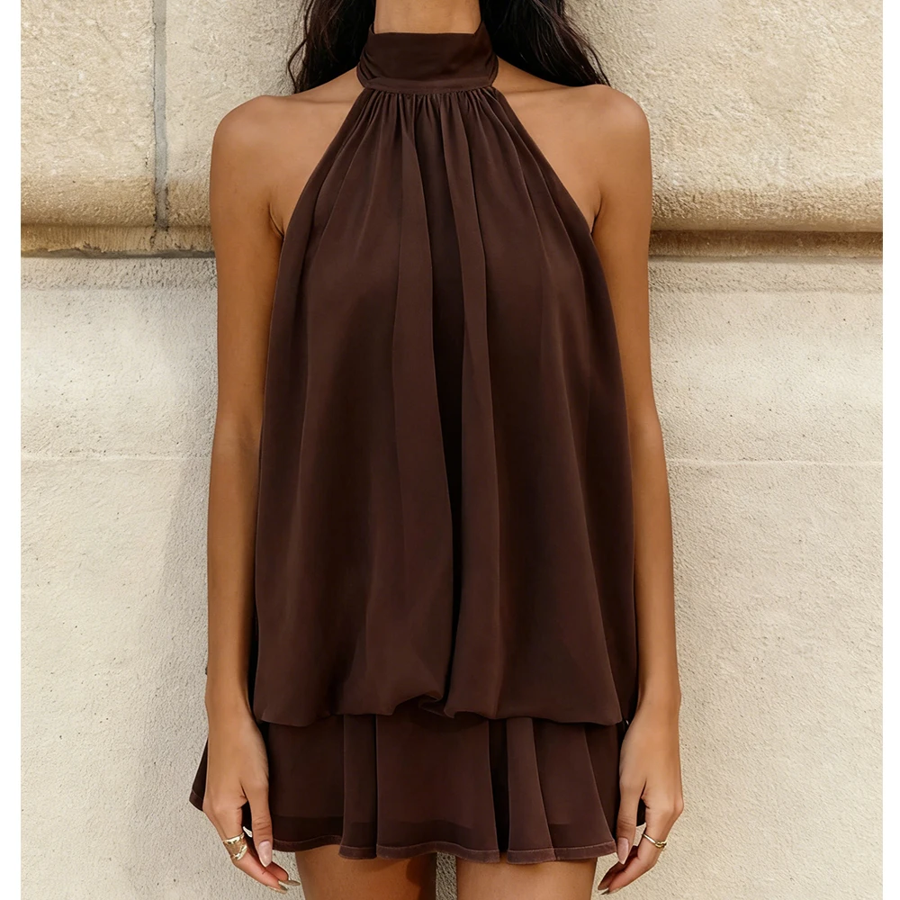 المرأة الصيف خمر مثير أكمام عارية الذراعين التعادل متابعة فستان قصير أنيق الشيفون الطبقات فلوي الخروج عطلة فساتين