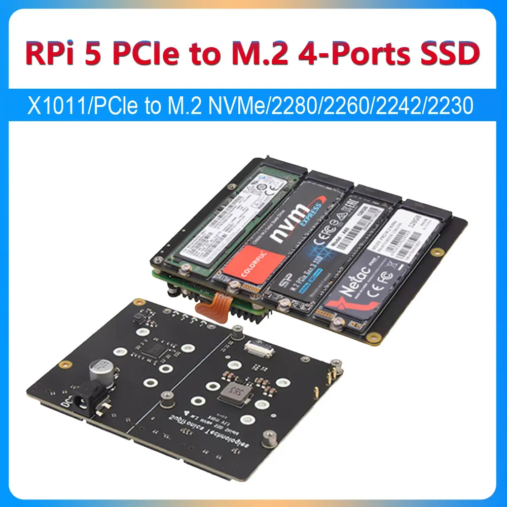 Raspberry Pi 5 PCIe to M.2 NVMe 4-Ports SSD Expansion Board HAT X1011 Pi5 Four-Times 2280/2260/2242/2230