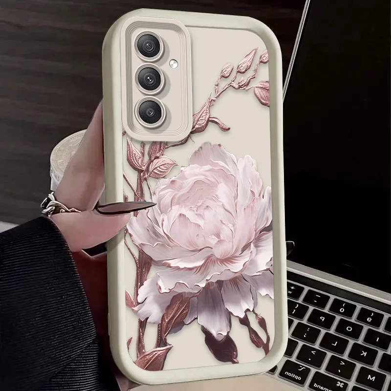 Fashion Metal Lotus Phone Case for Samsung Galaxy A35 A55 A15 A25 A16 A06 A05 A05S A24 A13 A23 A12 A22 A32 A52 A71 A51 4G Cover
