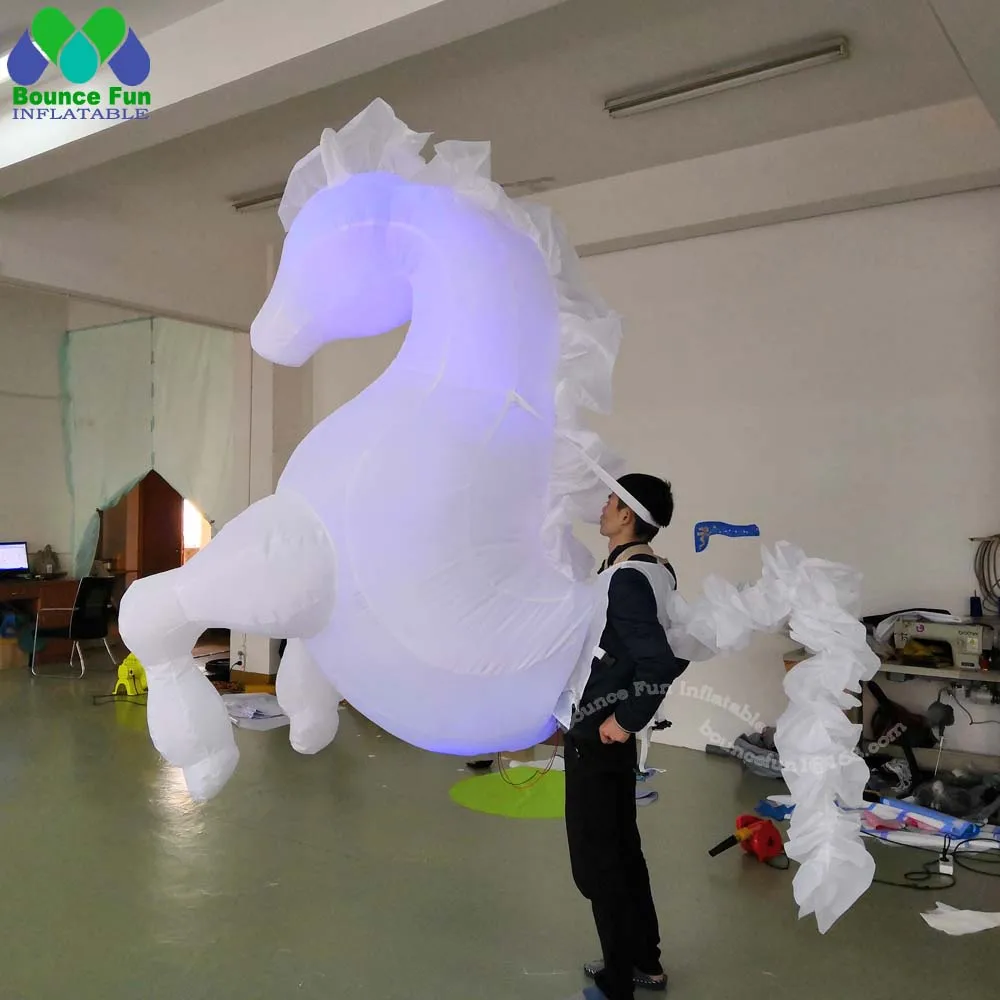 Walking 3m Large White Inflatable Horse Costume With Lights Inflatable Cartoon Mascot Costume For Carnival Parade Performance