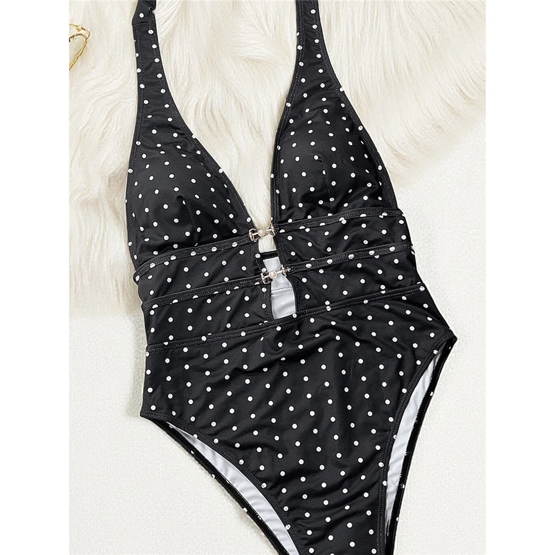 Polka Dots Neckholder-Badeanzug mit tiefem V-Ausschnitt, einteiliger Badeanzug für Damen, rückenfreier Monokini mit Polsterung, Badebekleidung, Badeanzug, Modell V7729. – Detail 5