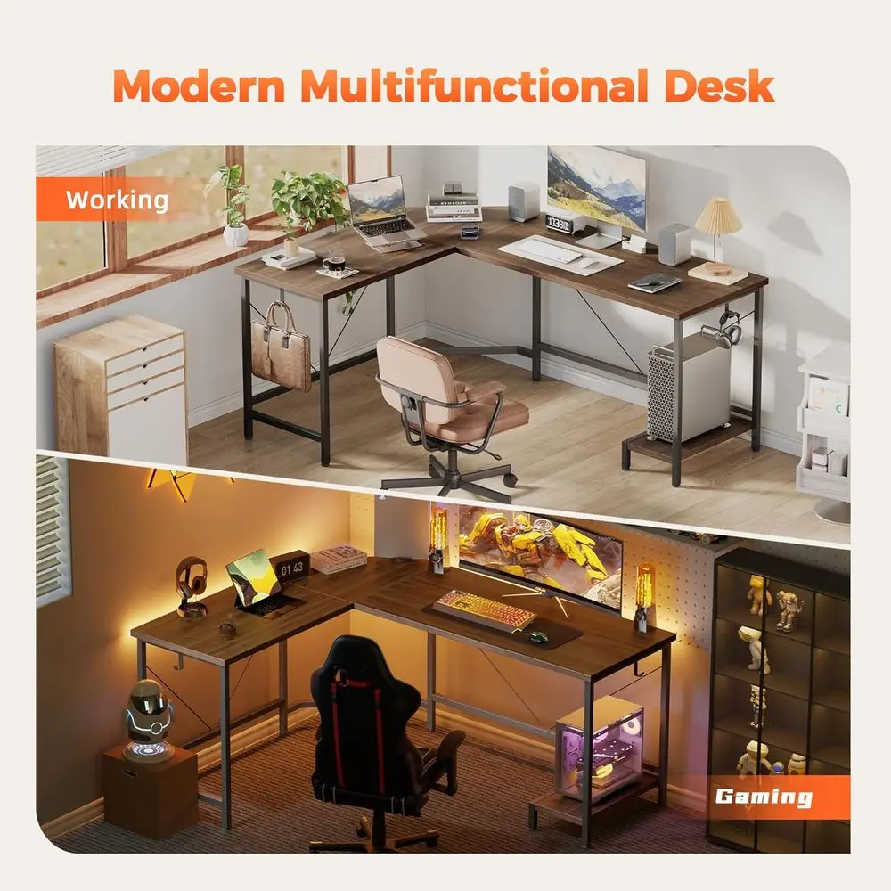 مكتب ألعاب زاوية كبيرة مع حامل وحدة المعالجة المركزية، مكتب كمبيوتر قوي للمكتب المنزلي للكتابة ومحطة العمل