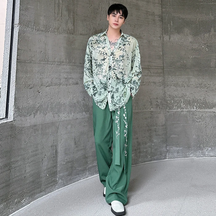 

Новый китайский мужской комплект из двух предметов: прозрачные брюки с широкими штанинами и V-образным вырезом, молодежный стиль, свободный крой, длинный рукав