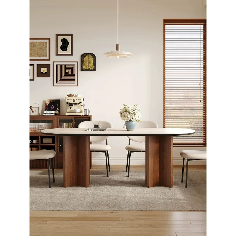 

Solid wood rock slab dining table in antique small apartment rectangular household walnut color