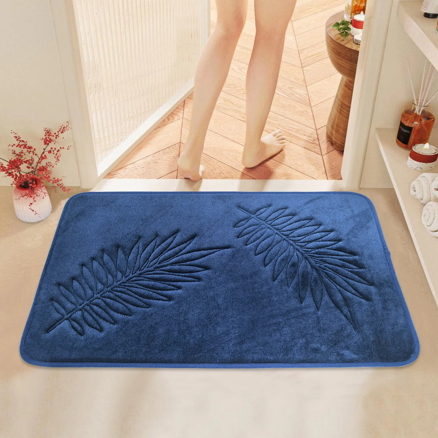 Polyester bathroom mat with embossed leaves, anti slip and absorbent carpet, suitable for bathroom, bedroom, living room, home d