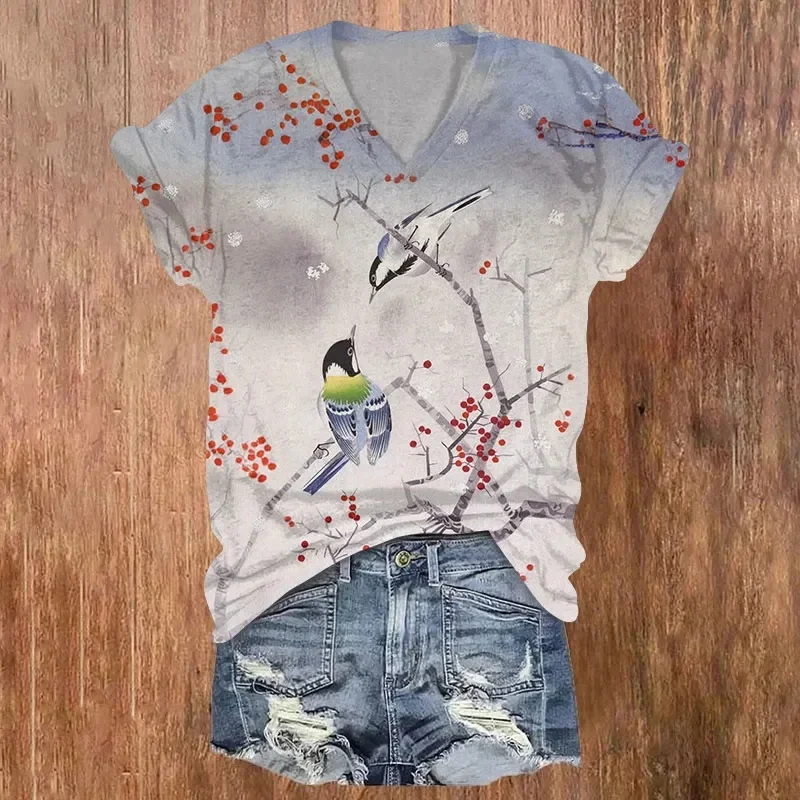Vintage Morning Sun Chickadee View Print Short Sleeved V-neck T-shirt Summer Women's T Shirts