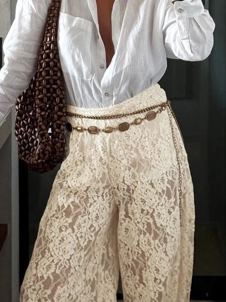 Spring Summer New See-through Commute Pants High Street Fashion Solid Color Lace Pants Casual Loose Women's Embroidery Trousers