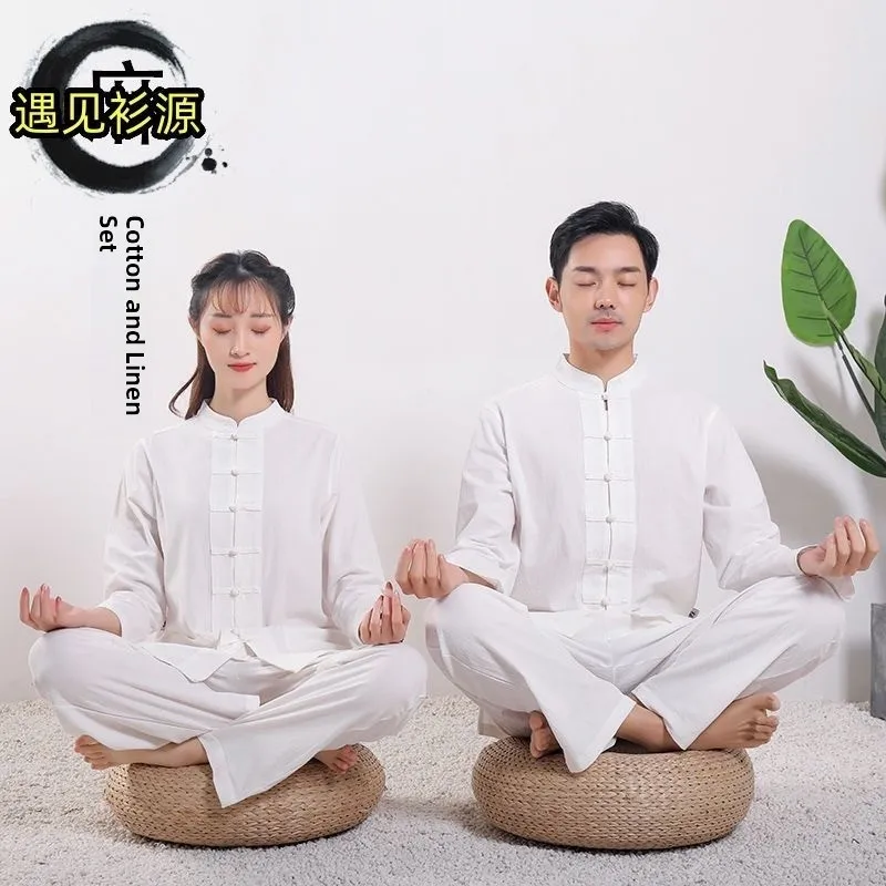 

Boho Sle Long Sve Свободный хлопковый льняной комплект одежды для женщин Весенне-осенний комплект тай-чи для практики Zen Свободный комплект из двух предметов