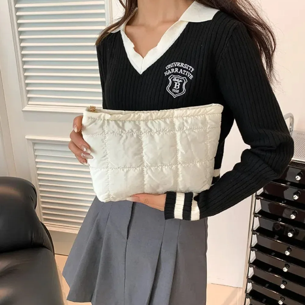 Pochette matelassée en cuir PU avec rembourrage en coton, grande capacité, sac de rangement cousu, pochette épaisse à carreaux, sac d'école
