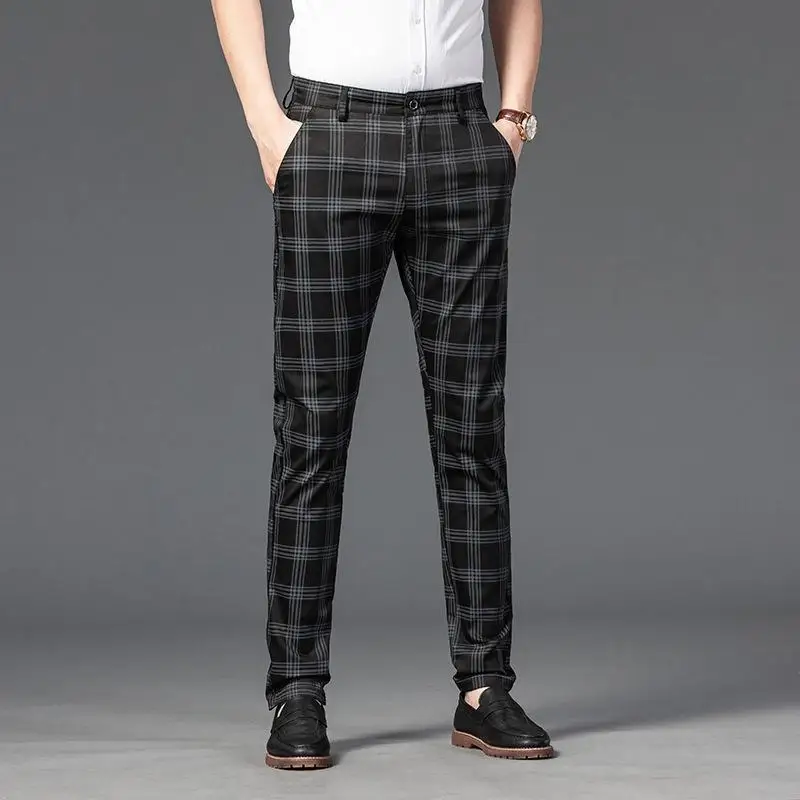 

Slim Fit Stretch Men's Suits Pants Check Black Fabric Elegant Thin Casual Summer 2025 Clothing Luxury Classic Male Suit Trousers