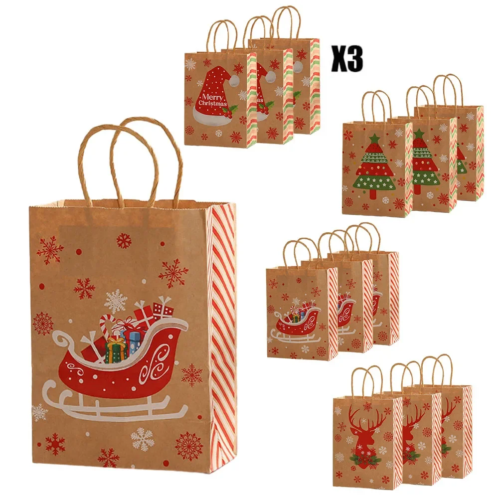 

12pcs Christmas Kraft Paper Tote Bag Christmas Gifts Bag Packaging Bag Merry Christmas Home Decoration 21*15*8cm