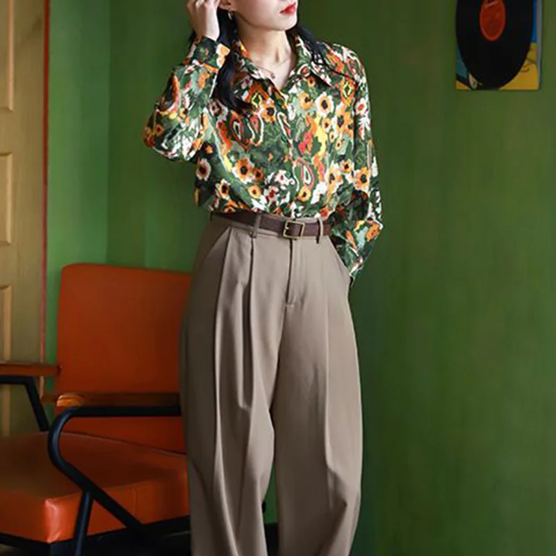 Women Clothing Vintage Printing Multicolor Turn-down Collar Long Sleeve Blouse Autumn Trend Buttons Loose Shirts Femme Flowers