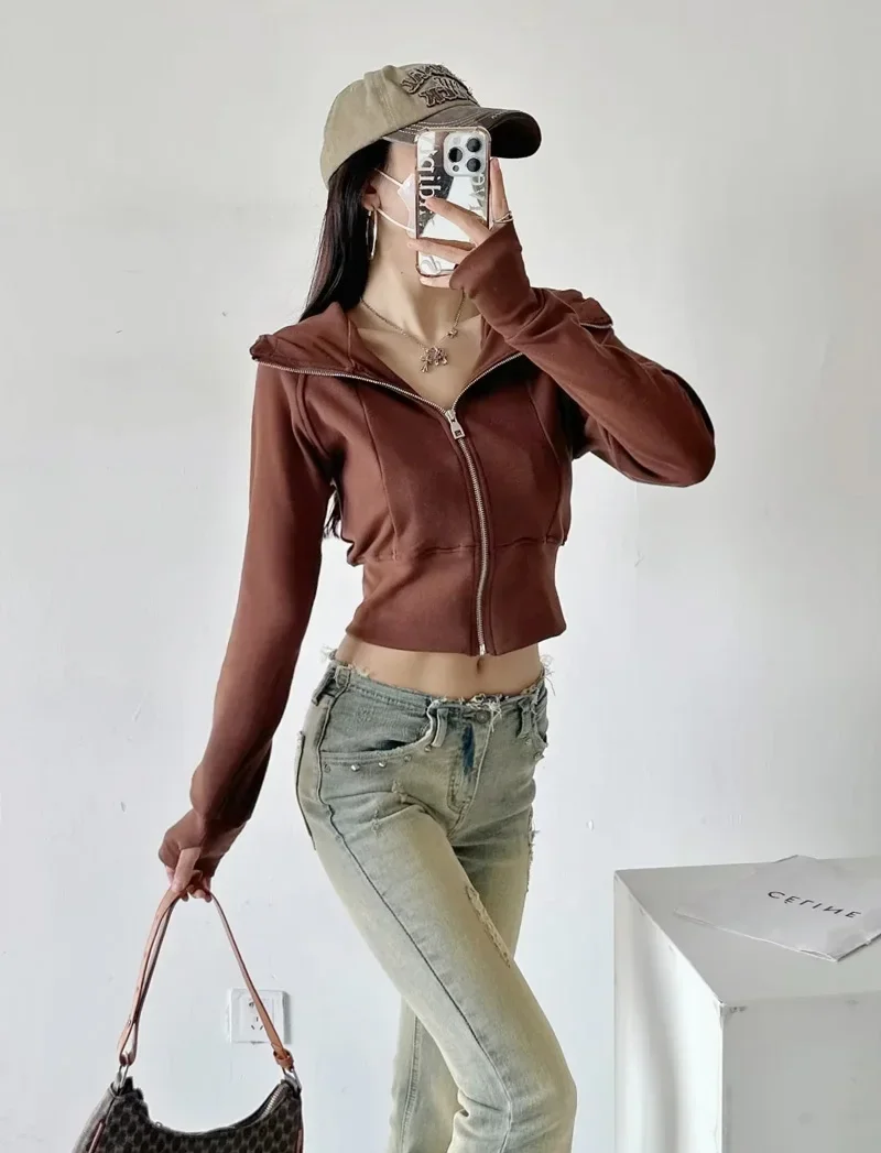 Spicy girl short hooded solid color hoodie women's slim fit high waisted zippered cardigan coat hoodie X884