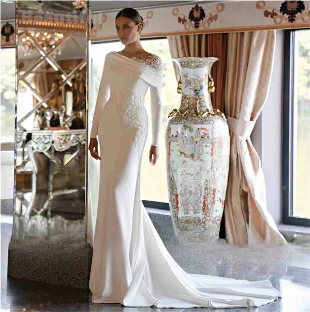 New O-Neck White Wedding Dress Lace Applqies Long Sleeves Mermaid Satin Bridal Dress  Evening Dress Wedding Party Robe Custom