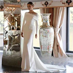 New O-Neck White Wedding Dress Lace Applqies Long Sleeves Mermaid Satin Bridal Dress Evening Dress Wedding Party Robe Custom
