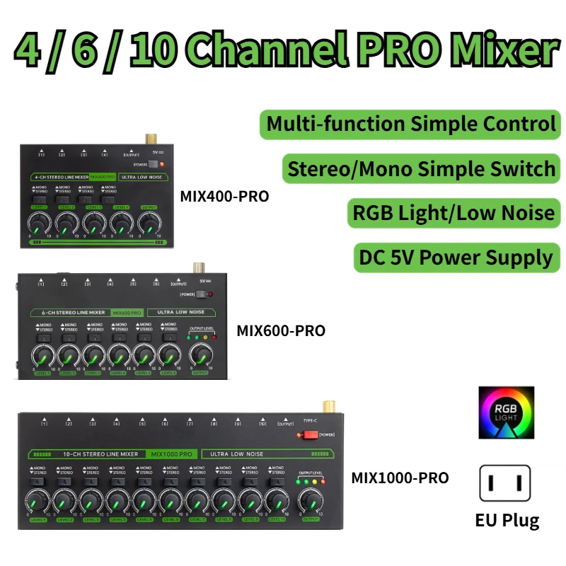 Ultra Low Noise 4/6/8 Channel Line Mixer Mini Sound Mixer Power Supply DC5V Easy Operation Audios Mixer with RGB Lighting