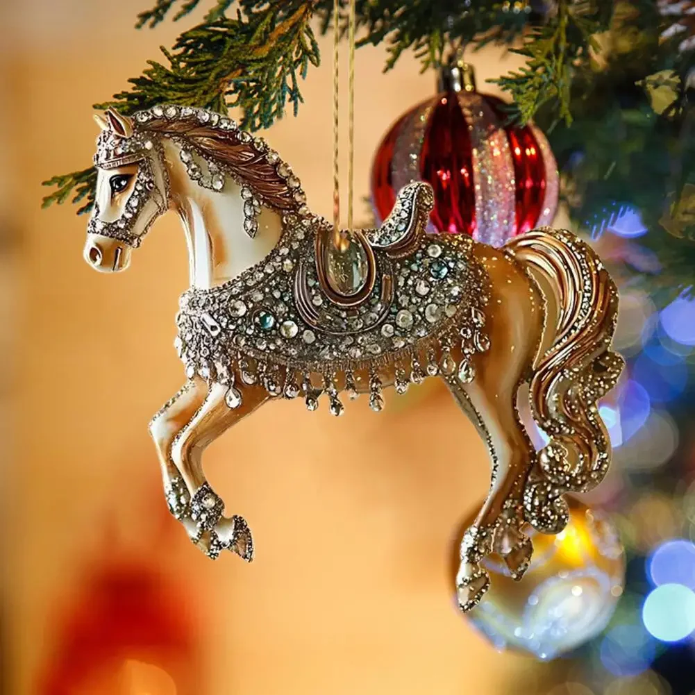 

2D Acrylic Horse Car Rearview Mirror Pendant Charm Christmas Tree Ornament Party New Year Hanging Decoration Navidad 2026 Gift