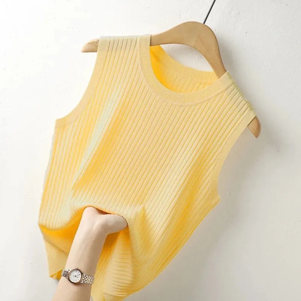 

New Thin Summer Round Neck Vest Wide Shoulder Strap Sleeveless Ice Silk Top Solid Color Women's Camisole