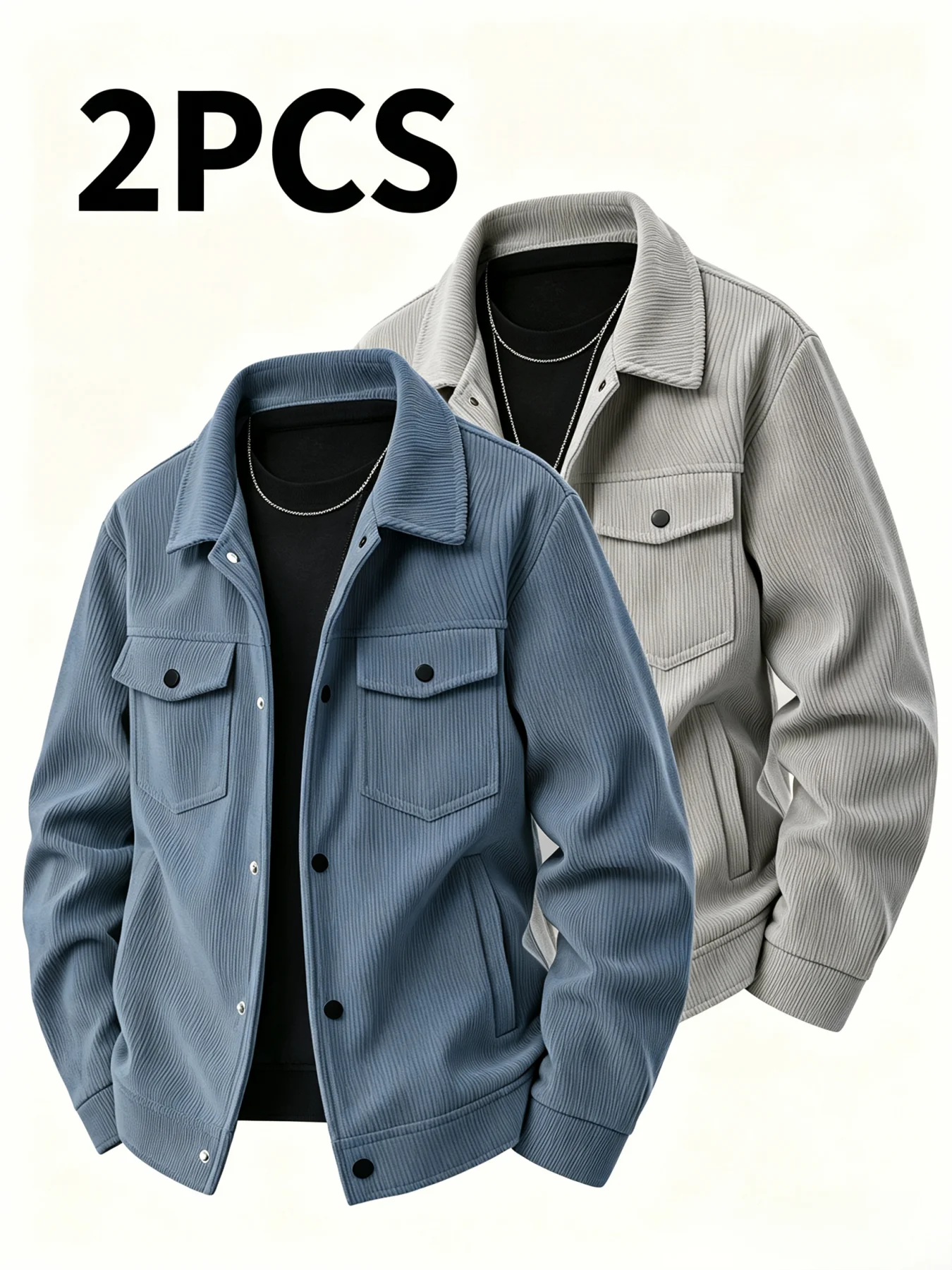 Herren-Cordjacke, 2-teiliges Set, lässige Oberbekleidung mit Umlegekragen und Knopfleiste, einfarbiges Design mit Taschen, ideal für den täglichen Gebrauch, Herrenmantel. – Detail 5