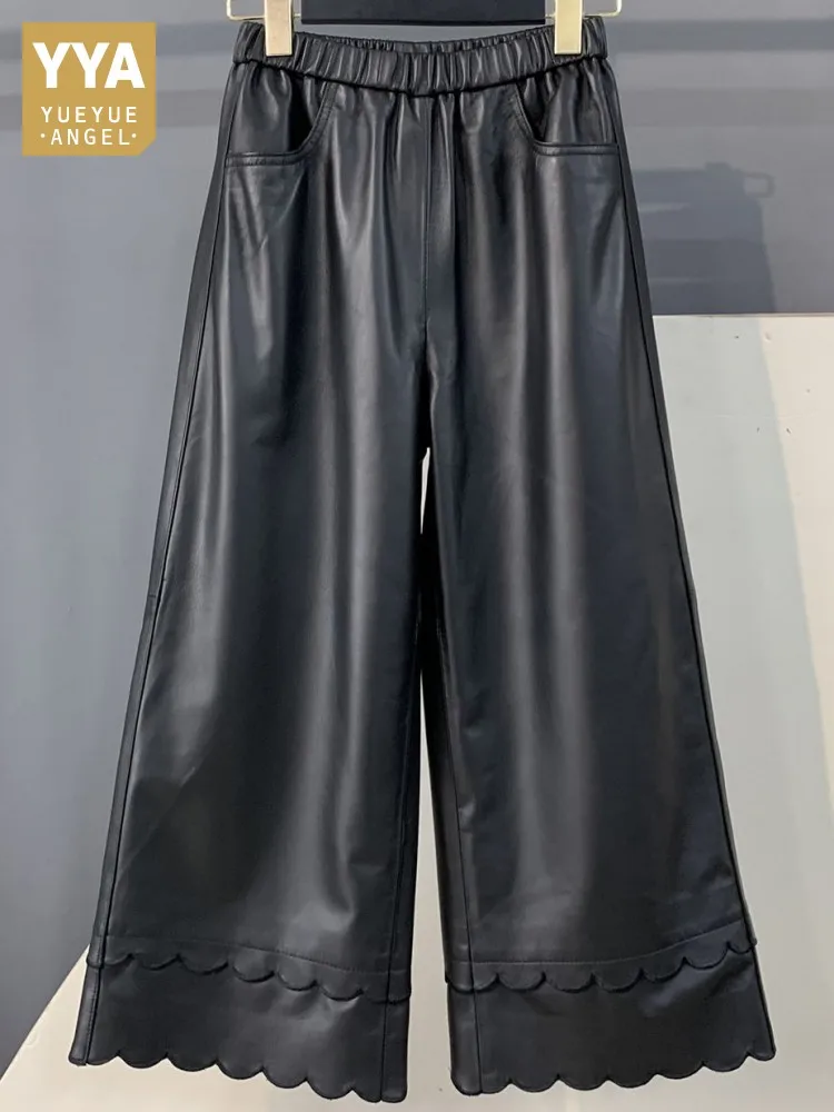 Leisure Style Elastic Waist Solid Color Sheepskin Fashion Pants Handmade Genuine Leather Ladies Pocket Ankle Length Trousers