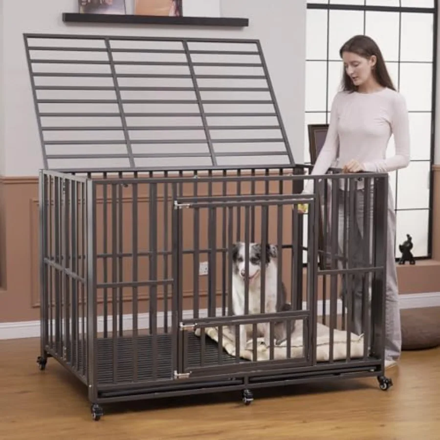 

Heavy Duty Dog Crate for Indoor/Outdoor Use, Steel Mesh Material, Black, Foldable Indestructible Escape-Proof Design with Locka