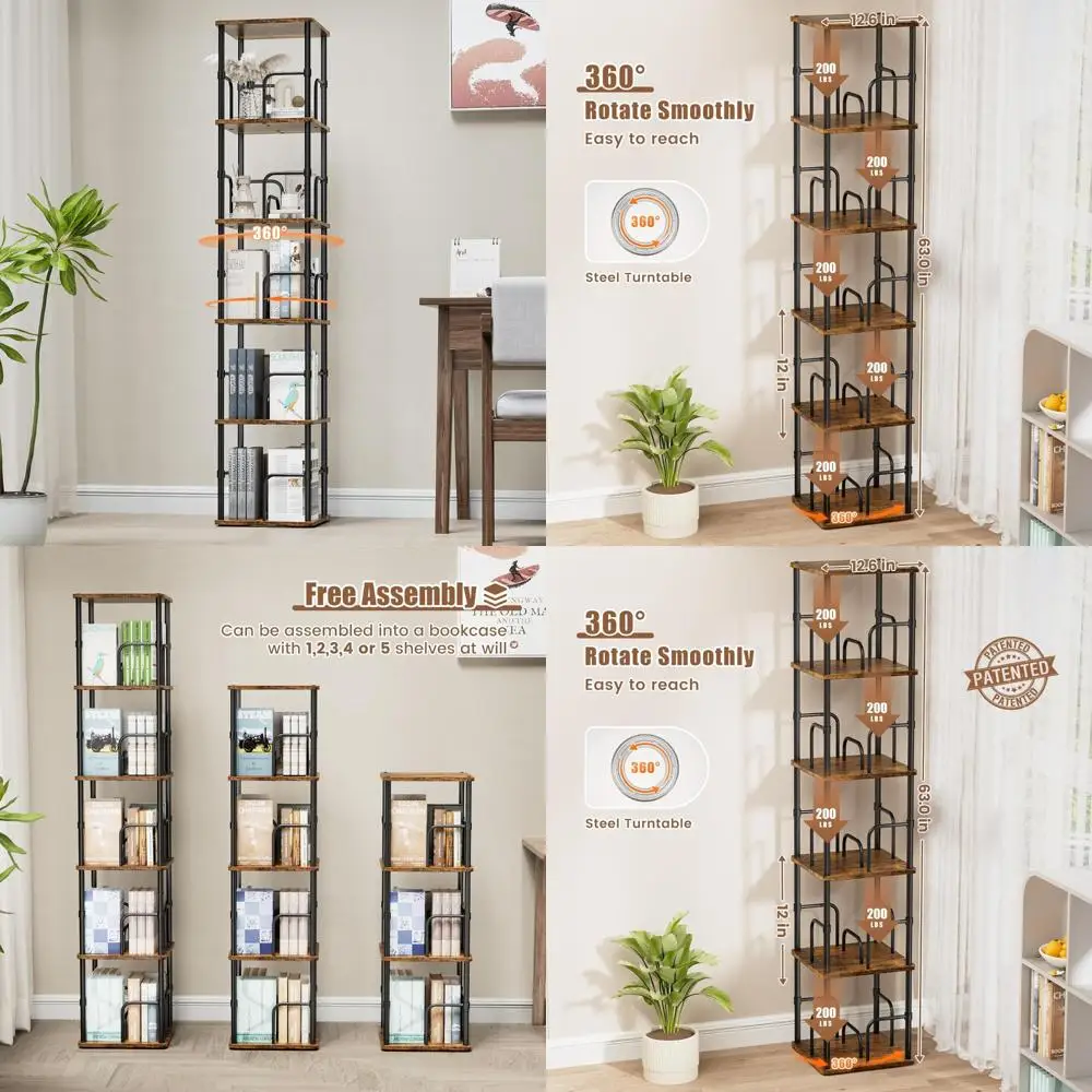 

Rotating 5-Tier Square Bookshelf, 360° Display, Stackable Swivel Tower for Space-Saving Floor Standing