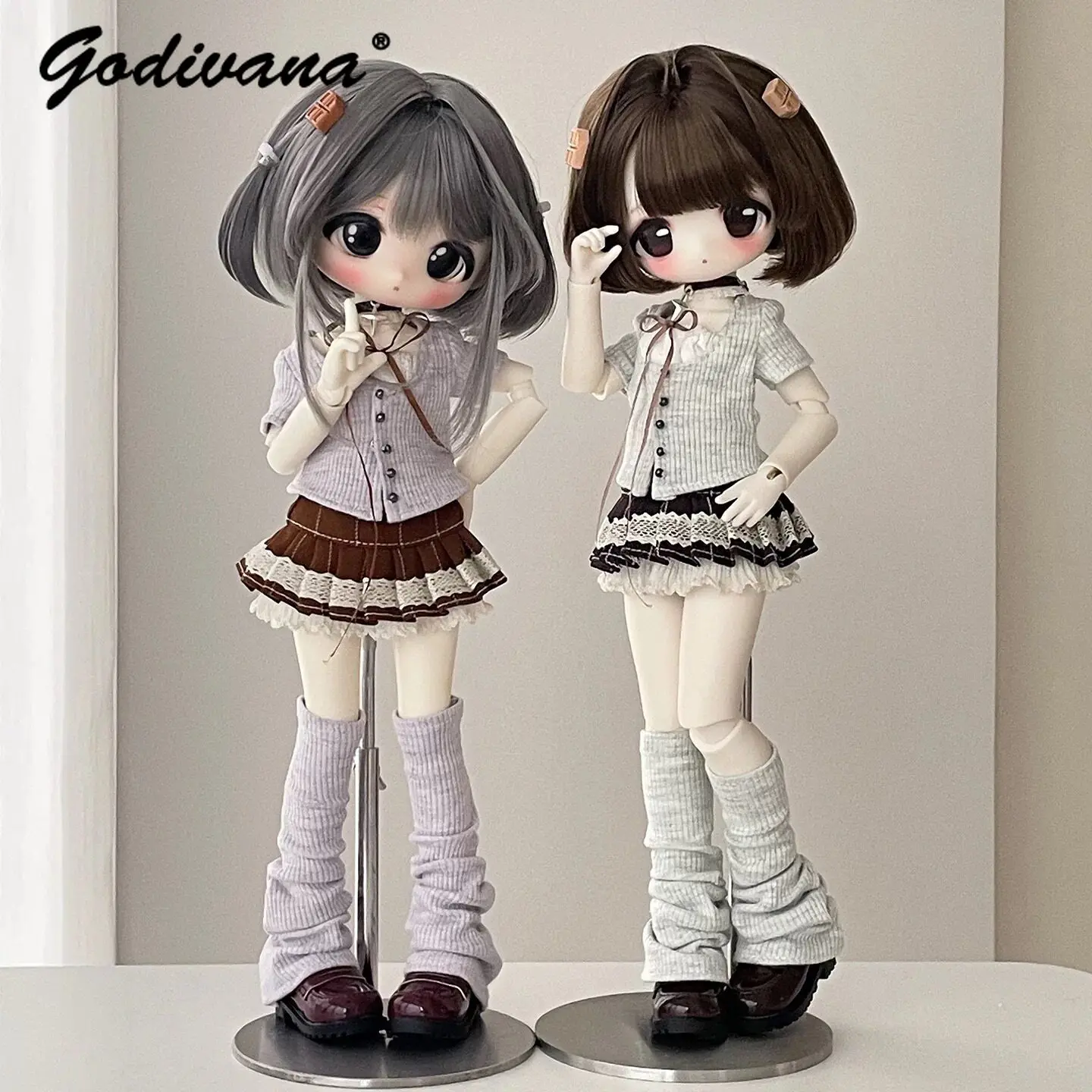 1/4 1/6 BJD Doll Clothes Sweet Cute Slim Casual Ribbon Knit Top Lace Tiered Mini Skirt and Slouch Socks Set for 1/6 BJD Doll