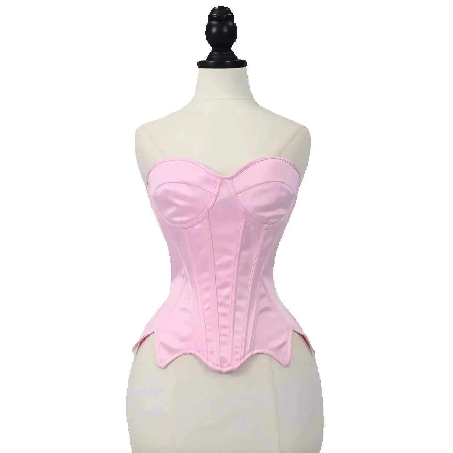 Strapless Satin Corset For Women Double Layer Bustier With Cups Lace Up Boned Petal Hem Wedding Shaping Tops