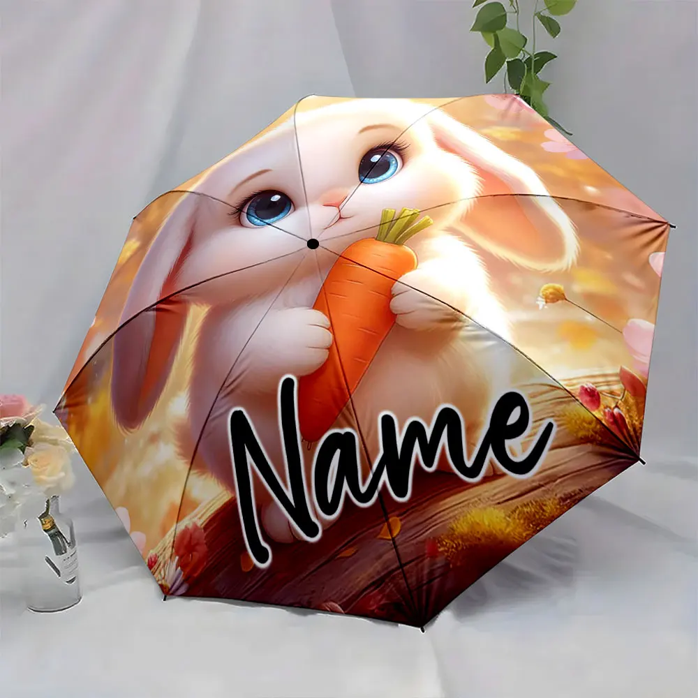 Custom Name Umbrella Adorable Bunny Umbrella for Kids Print 8 Iron Ribs Folding Umbrella Auto-Open Fashion Sunshade