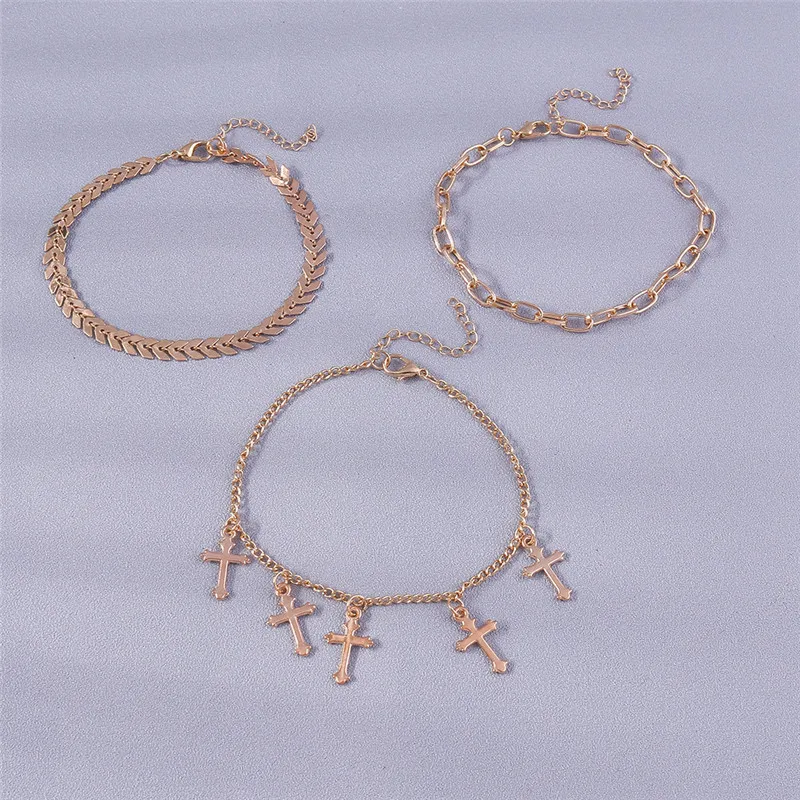 Aihua Boho Goldfarben Metallketten-Kreuz-Fußkettchen-Set für Frauen Kreuzanhänger Fußkettchen Kette am Bein Boho Schmuck Geschenke – Detail 2