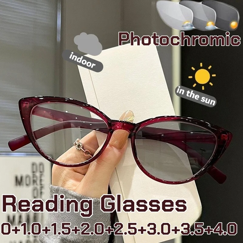 

Retro Luxury Cat Eye Photochromic Reading Glasses for Women Men Anti Blue Light Ultralight Colorchanging Far Sight Eyeglasses