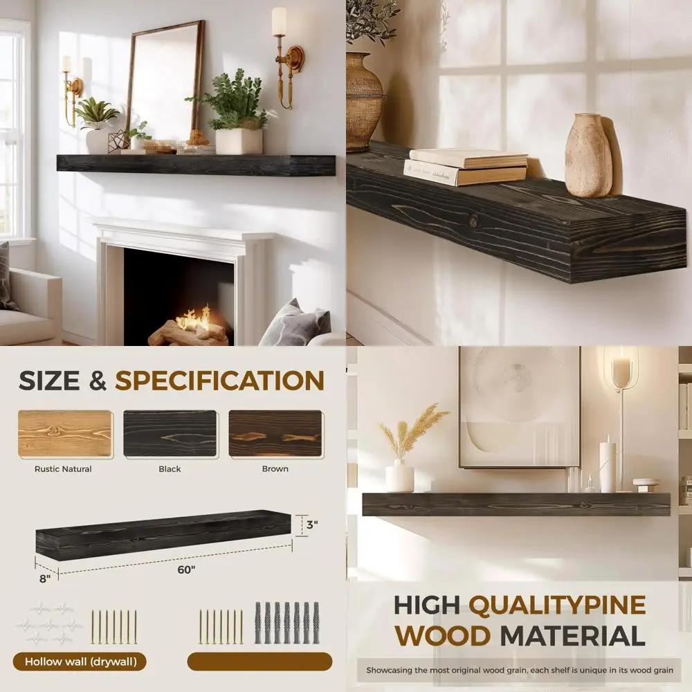 60 Rak Kayu Rustic dengan Braket Tersembunyi, 3 Lapis Tebal, Dekorasi Dinding Hitam
