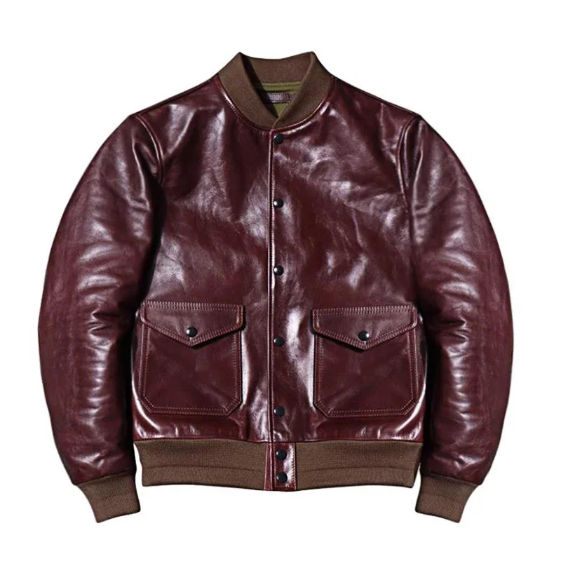 Waxed Cowhide Vintage A1Flight Jacket Leather Men's Genuine Leather Motorcycle Jacket Red Wine Khaki American Style Leather Coat