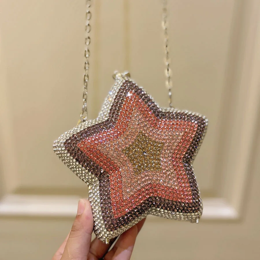 five-pointed star chain small contrasting color rhinestone shining small exquisite party sweet and cool messenger clutch bag