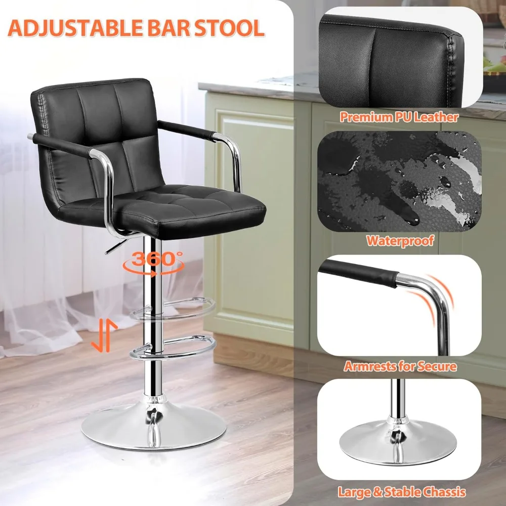 Bar Stools Set of 4, Modern PU Leather Adjustable Swivel Barstool with Back and Arms, Airlift Counter Height Chair for Kitchen