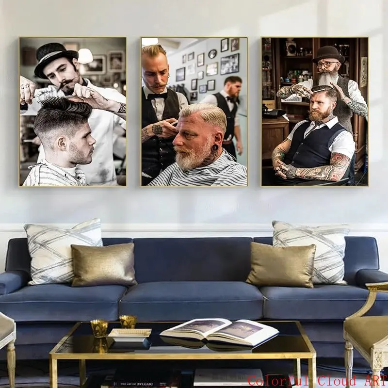 Barber Shop Canvas Painting Tattoo Man Hair Cutting and Shaving Poster Wall Art Pictures Barber Cafe Bar Modular Home Art Decor