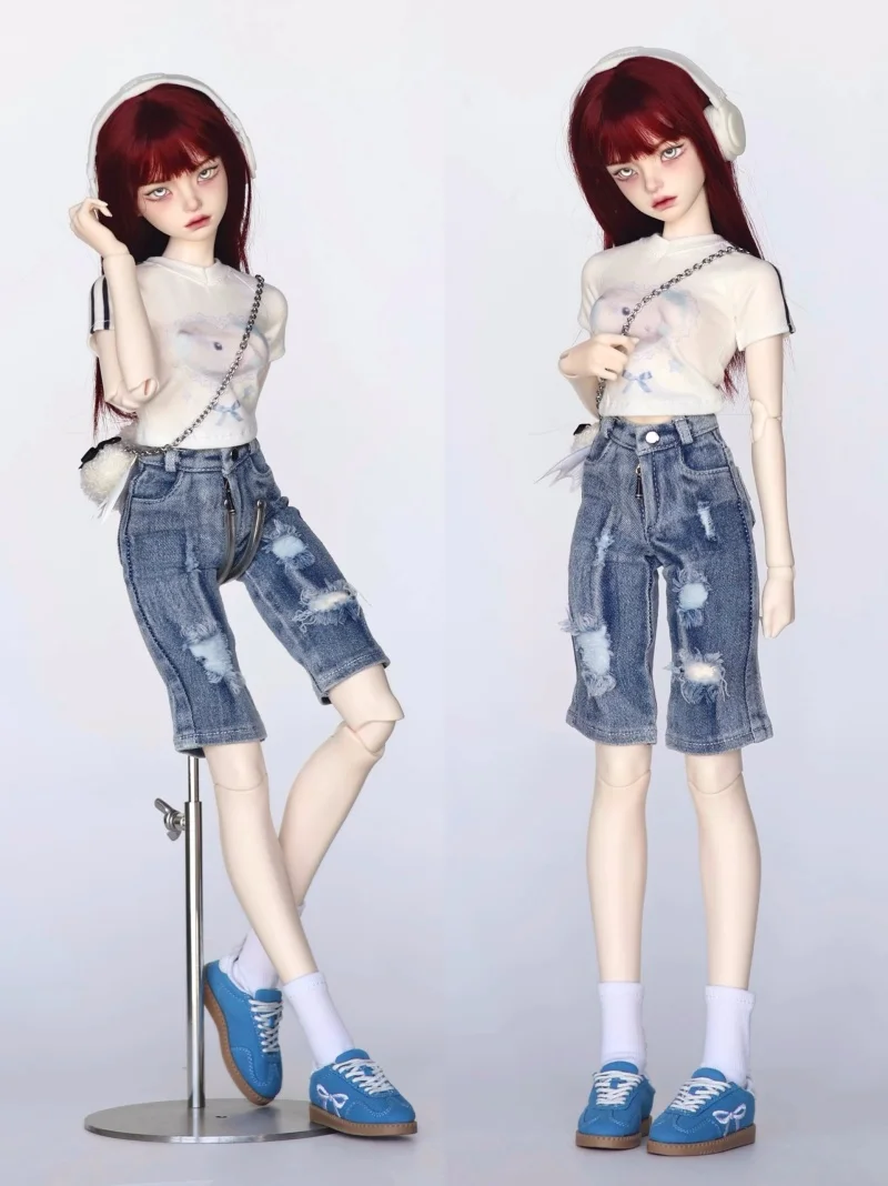 

bjd doll clothes are suitable for 1/4 size printed off-the-shoulder T-shirts paired with ripped midpants doll accessories