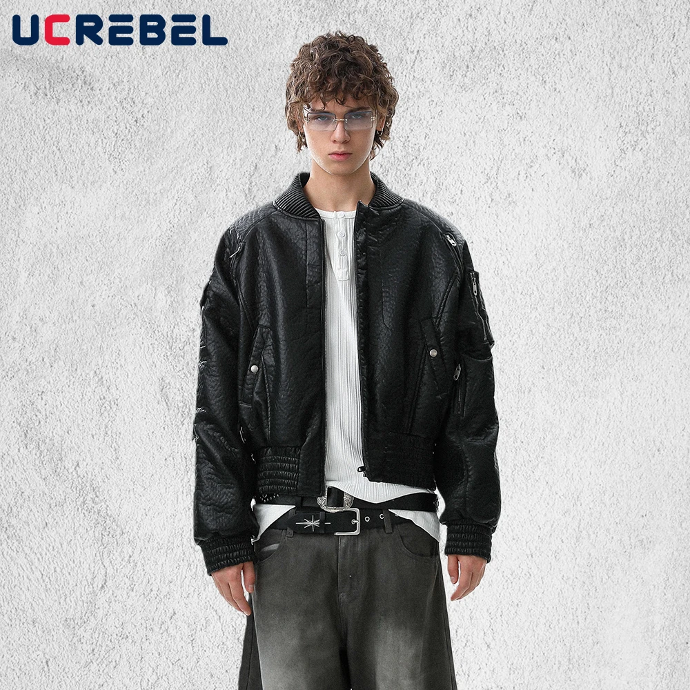 Zipper decoration PU Leather Quilted Jacket Mens Winter Thick High Street Stand collar Long Sleeve Motorcycle Jacket Man