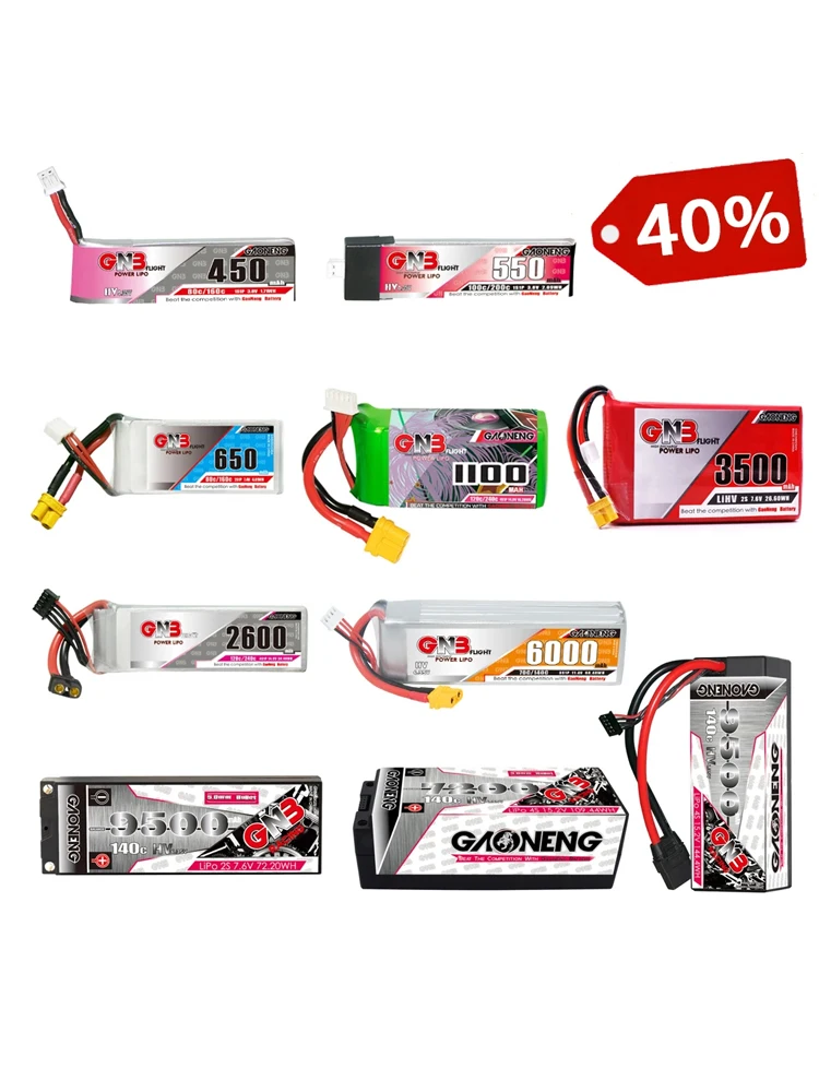 Batterie Lipo GNB 1S 2S 3S 4S 5S 6S 450/550/1100/1500/3500/6200/7200/9500mAh En vente à un prix réduit