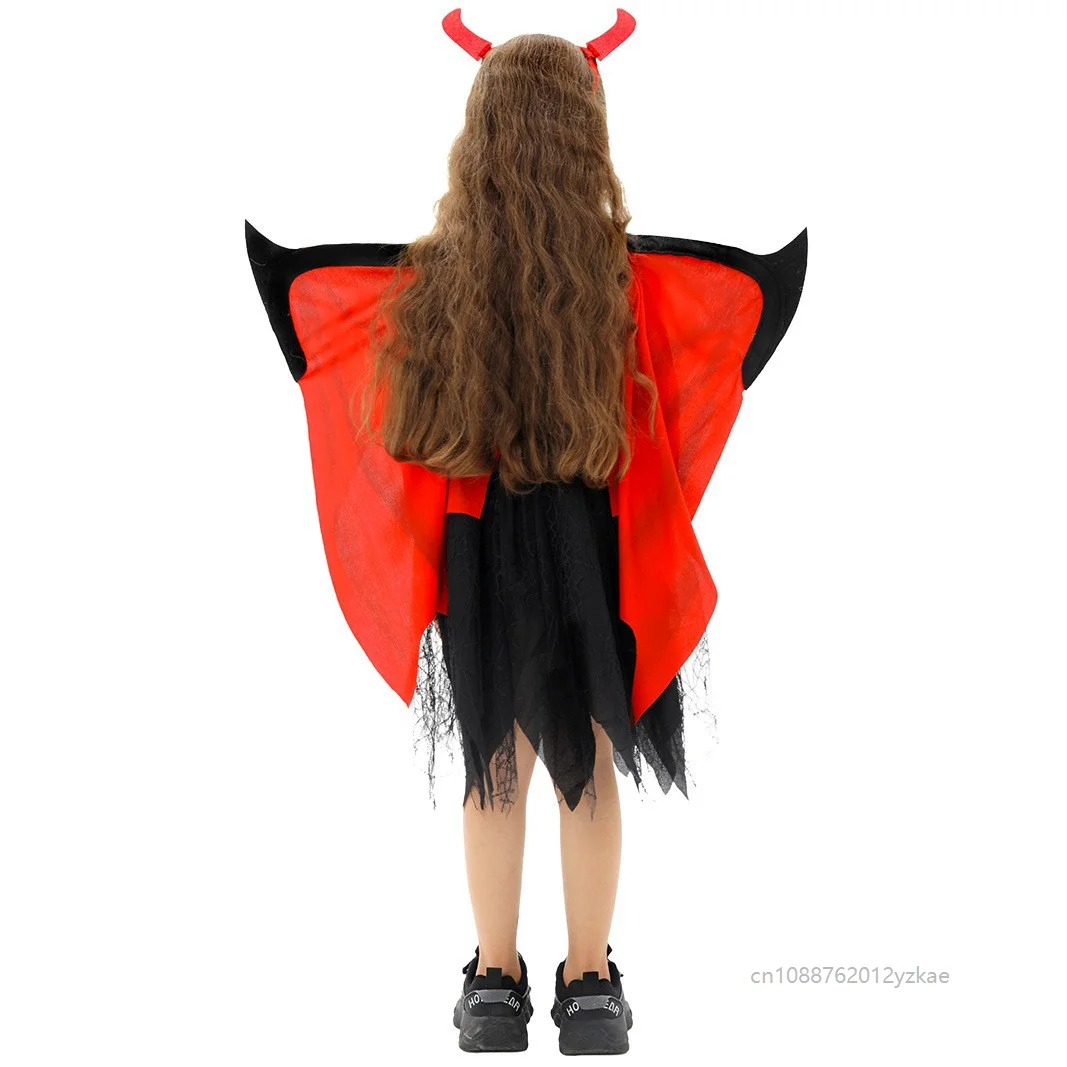 Enfant Devil Cosplay Suit Chico Red Demon Jumpsuit Chica Red Black Devil Dress Bat Wings Set Halloween Role Play Stage Costume