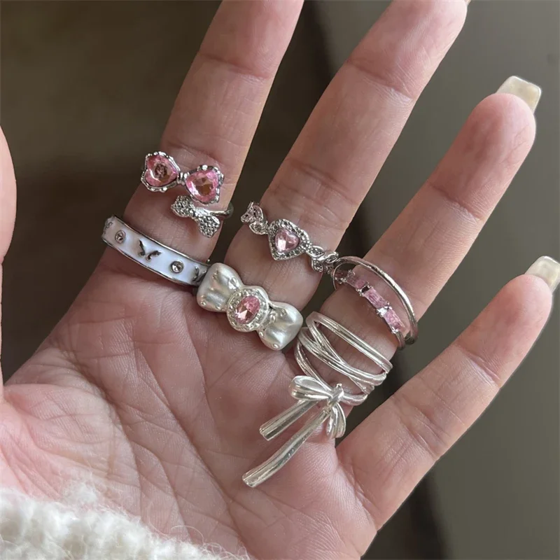 7Pcs Y2K Cute Pink Bow Heart Stackable Ring Set Silver Tone Rhinestone Open Rings for Women Girls E-girl Aesthetic Jewelry
