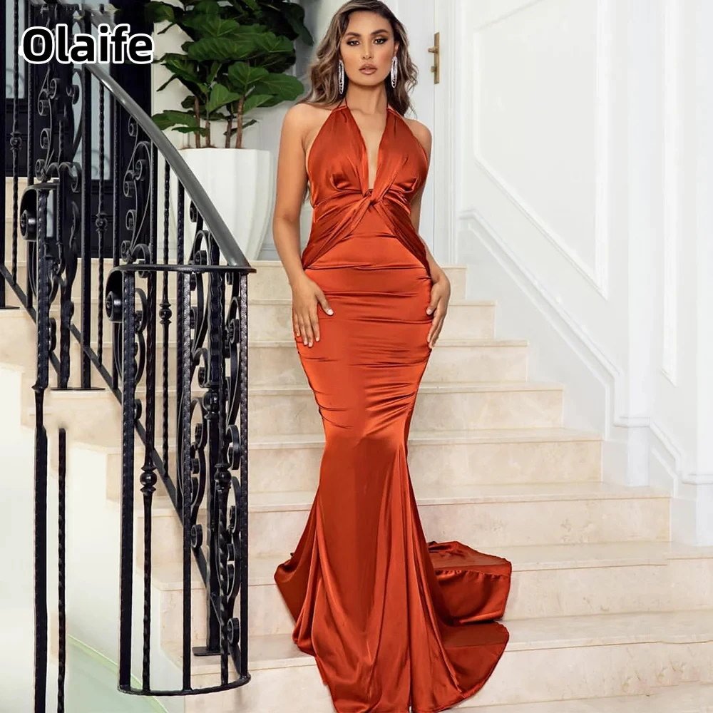 Olaife Elegant Halter Satin Mermaid V-Neck Evening Dresses Sexy Long Pleated Backless Party Prom Gowns Sweep Train vestido de fe