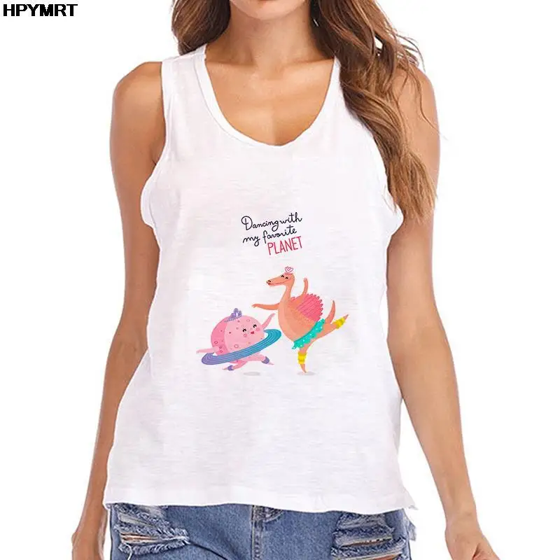 Mulheres streetwear moda casual sem mangas esportes camiseta de fitness dos desenhos animados dinosaur imprime solto aconchegante verão branco topos