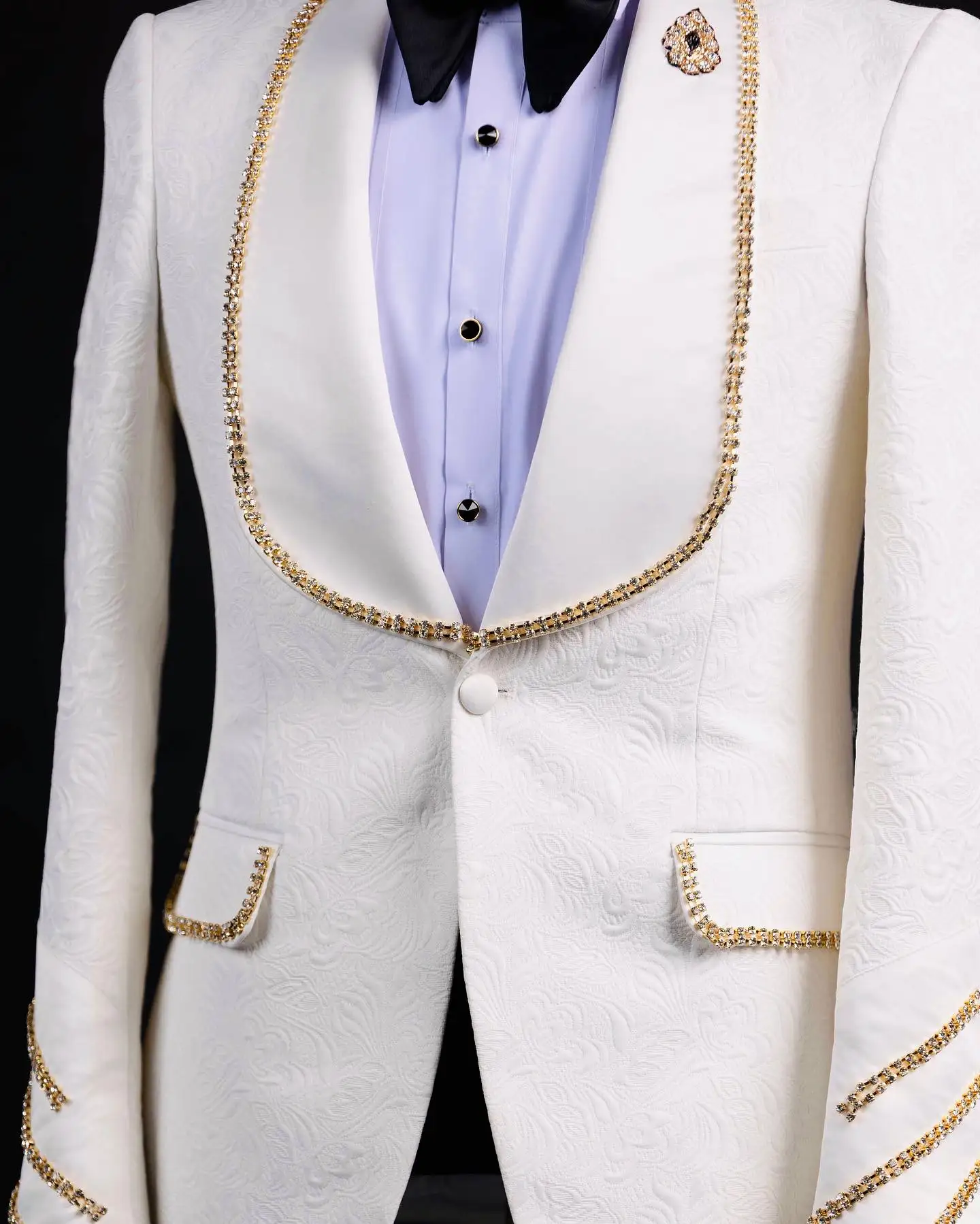 White Jacquard Men Suits Set 2 Pcs Crystals Blazer+Black Pant Trousers Wedding Tuxedo Formal Office Groom Prom Jacket Coat